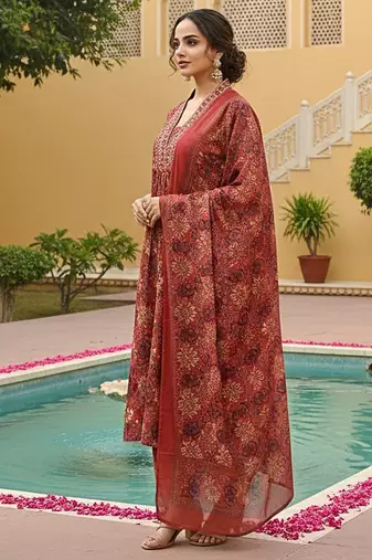 Women red rayon blend floral printed straight kurta trousers with dupatta