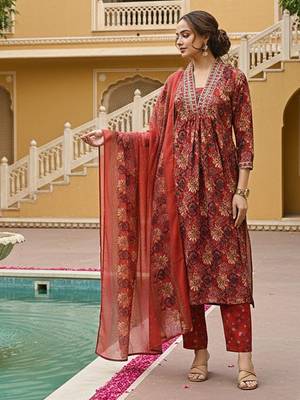 Women red rayon blend floral printed straight kurta trousers with dupatta 4