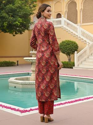Women red rayon blend floral printed straight kurta trousers with dupatta 5