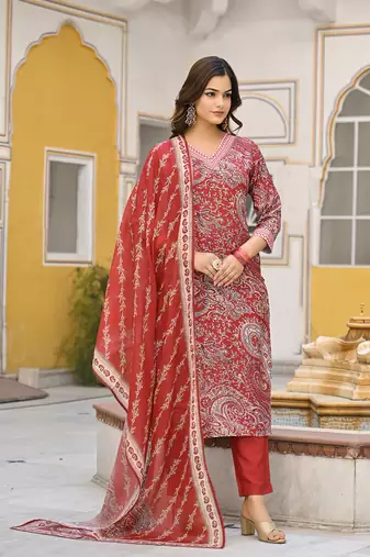 Red Straight Kurta Trousers with Dupatta