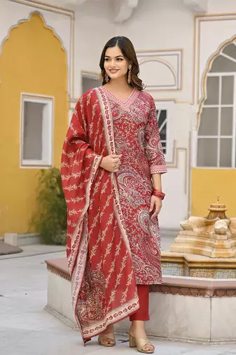 Red Straight Kurta Trousers with Dupatta