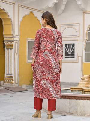 Red Straight Kurta Trousers with Dupatta 4