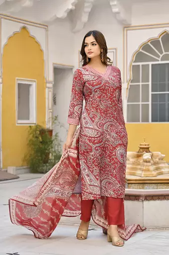 Red Straight Kurta Trousers with Dupatta