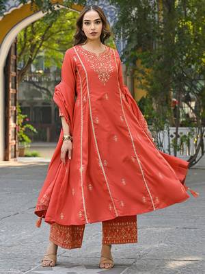 Women orange silk blend solid embroidered anarkali kurta palazzos with dupatta 1