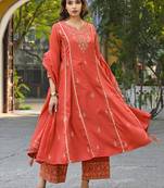 Women orange silk blend solid embroidered anarkali kurta palazzos with dupatta