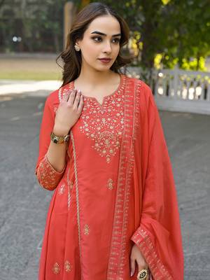Women orange silk blend solid embroidered anarkali kurta palazzos with dupatta 2