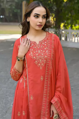 Women orange silk blend solid embroidered anarkali kurta palazzos with dupatta