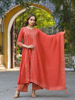 Women orange silk blend solid embroidered anarkali kurta palazzos with dupatta 3
