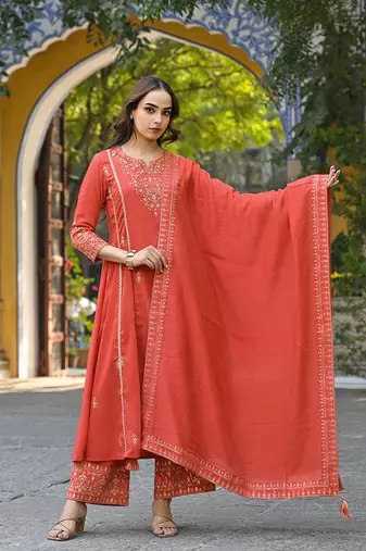 Women orange silk blend solid embroidered anarkali kurta palazzos with dupatta