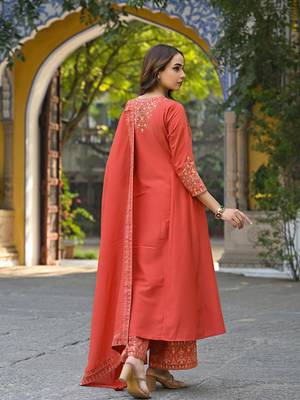 Women orange silk blend solid embroidered anarkali kurta palazzos with dupatta 4