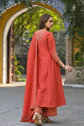 Women orange silk blend solid embroidered anarkali kurta palazzos with dupatta