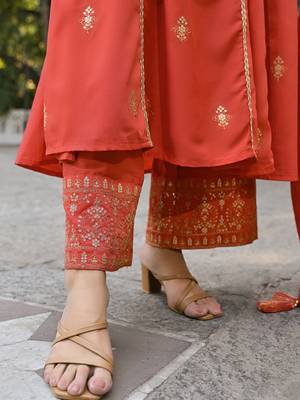 Women orange silk blend solid embroidered anarkali kurta palazzos with dupatta 5