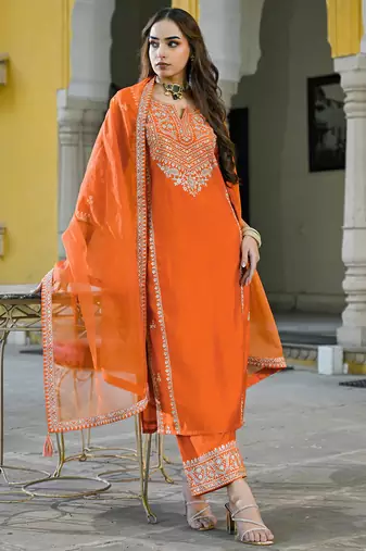 Women orange silk blend solid embroidered straight kurta palazzos with dupatta