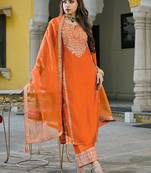 Women orange silk blend solid embroidered straight kurta palazzos with dupatta