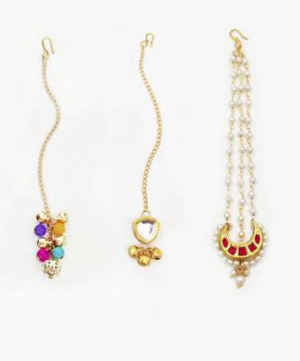Set of 3 versatile maang teekas with kundan, perals & colourful beads & ghungroos to match all your ethnic outfits 1
