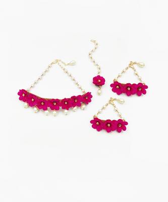 Noor floral set of necklace, 2 bracelets & mang teeka in a dark pink colour 2