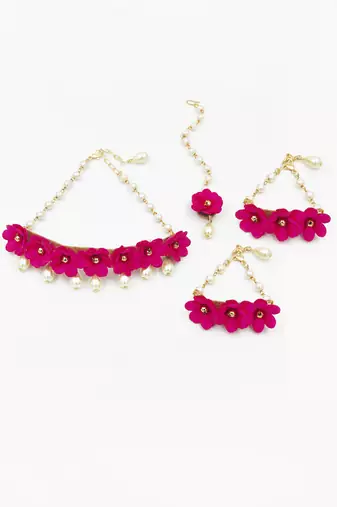 Noor floral set of necklace, 2 bracelets & mang teeka in a dark pink colour