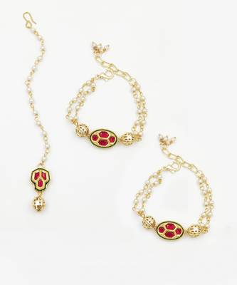 Set of 2 bracelets & maang teeka with kundan & pearls in ruby pink 1