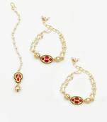 Set of 2 bracelets & maang teeka with kundan & pearls in ruby pink