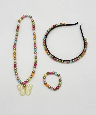 Beaded butterfly pendant necklace, bracelet & hairband set- multicoloured 1