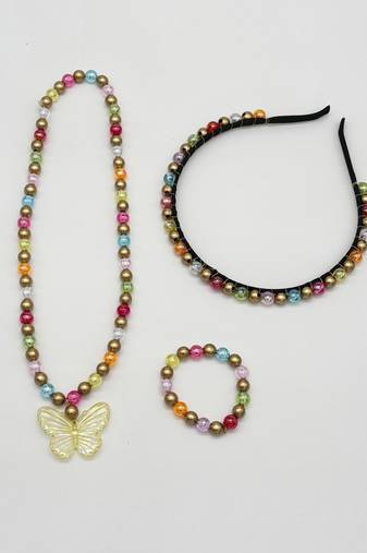 Beaded butterfly pendant necklace, bracelet & hairband set- multicoloured