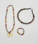 Beaded butterfly pendant necklace, bracelet & hairband set- multicoloured