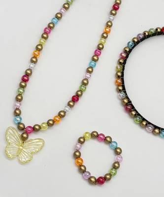 Beaded butterfly pendant necklace, bracelet & hairband set- multicoloured 2