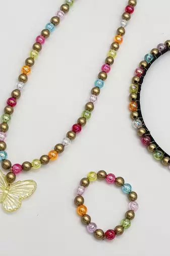 Beaded butterfly pendant necklace, bracelet & hairband set- multicoloured