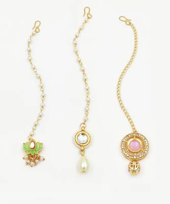 Set of 3 kundan, pearls & meenakari detailed maang teekas 1