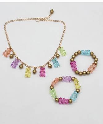 Gummy bear beads embellished necklace & 2 braclets set- multicoloured 1