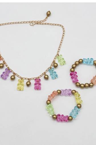 Gummy bear beads embellished necklace & 2 braclets set- multicoloured