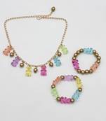 Gummy bear beads embellished necklace & 2 braclets set- multicoloured