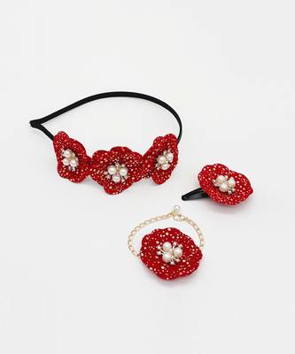 Floral & pearl embellished hairband, bracelet & hair clip set- red, golden 1