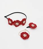 Floral & pearl embellished hairband, bracelet & hair clip set- red, golden