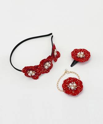 Floral & pearl embellished hairband, bracelet & hair clip set- red, golden 2