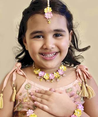 Glam floral necklace, 2 bracelets & maang teeka set- yellow, pink 1