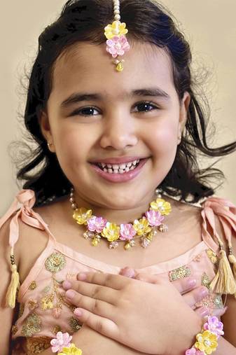 Glam floral necklace, 2 bracelets & maang teeka set- yellow, pink