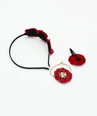 Floral & pearl embellished hairband, bracelet & hair clip set- red, golden 3