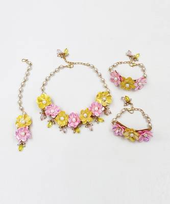 Glam floral necklace, 2 bracelets & maang teeka set- yellow, pink 2