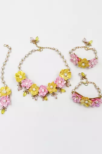 Glam floral necklace, 2 bracelets & maang teeka set- yellow, pink
