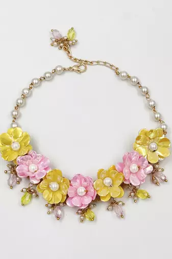 Glam floral necklace, 2 bracelets & maang teeka set- yellow, pink