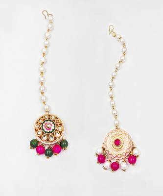 Kundan, meenakari maang teeka set- green, magenta 1
