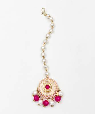 Kundan, meenakari maang teeka set- green, magenta 4