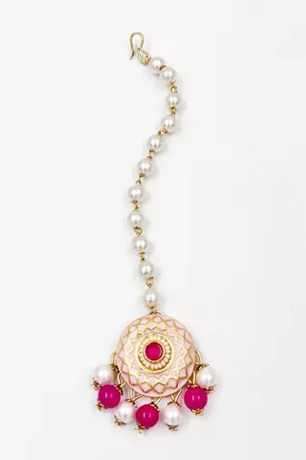 Kundan, meenakari maang teeka set- green, magenta