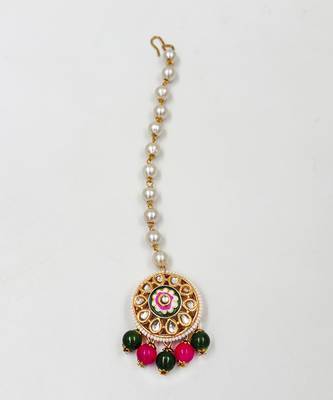 Kundan, meenakari maang teeka set- green, magenta 5
