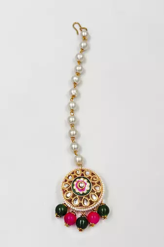 Kundan, meenakari maang teeka set- green, magenta