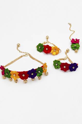 Rangeen floral navratri necklace, 2 bracelets & maang teeka set- multicoloured