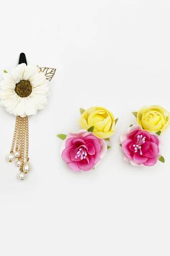 Sunflower & peonies hair clips set - off white, pink, yellow