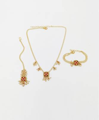 Saba kundan & pearl deatled necklace, bracelet & maang teeka set - dark pink 1