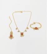 Saba kundan & pearl deatled necklace, bracelet & maang teeka set - dark pink
